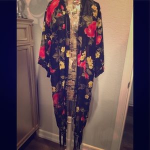 Sheer floral fringe kimono